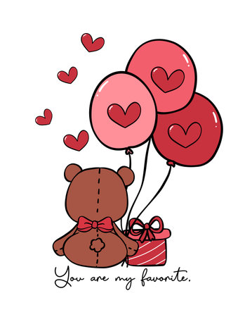 Cute romantic Teddy Bear with red bow hold balloons doodle hand drawing cartoon character outline isolated on white backgroundのイラスト素材