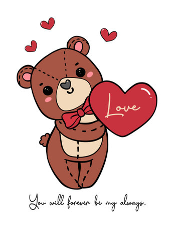 Cute romantic Teddy Bear wears red bow hold heart doodle hand drawing cartoon character outline isolated on white backgroundのイラスト素材