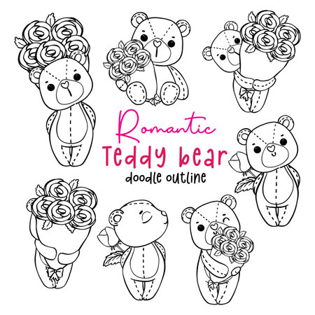 Cute romantic Valentine Teddy Bear with bouquet roses doodle hand drawing cartoon character outline for coloring page isolated on white backgroundのイラスト素材