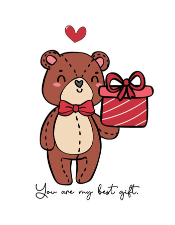 Cute romantic Teddy Bear wears red bow hold gift box doodle hand drawing cartoon character outline isolated on white backgroundのイラスト素材