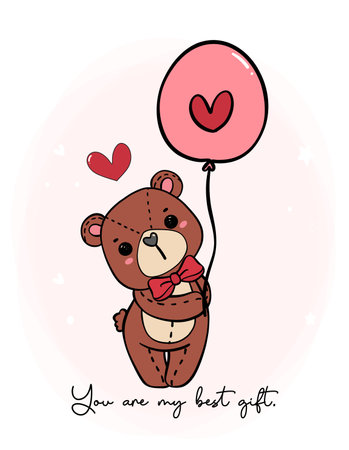 Cute romantic Teddy Bear wears red bow hold balloon doodle hand drawing cartoon character outline isolated on white backgroundのイラスト素材