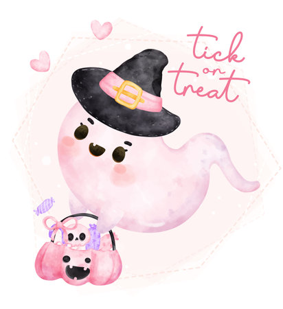 Cute happy smile pink hallooween ghost with candy pumpkin basket, trick or treat, cartoon character watercolour hand painted vector greeting cardのイラスト素材