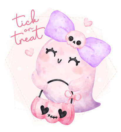 Cute happy smile pink hallooween ghost with empty pumpkin basket, trick or treat, cartoon character watercolour hand painted vector greeting cardのイラスト素材