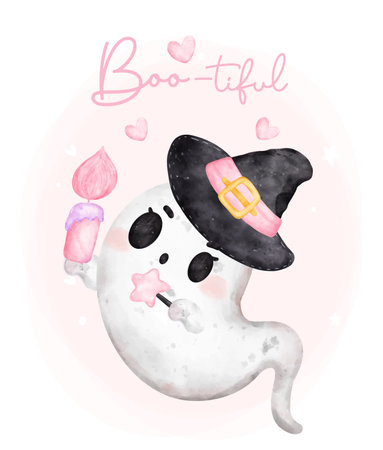 Cute happy smile kawaii ghost hallooween witch, Boo tiful, cartoon character bootiful watercolour hand painted vectorの写真素材