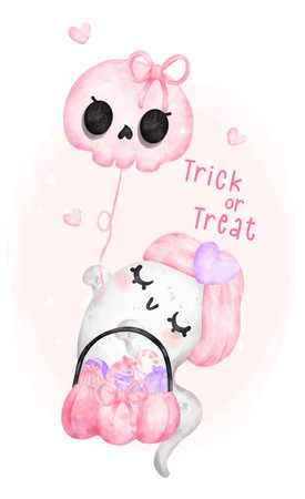 Cute happy kawaii ghost halloween witch, Trick or treat, cartoon character watercolour hand painted vectorのイラスト素材