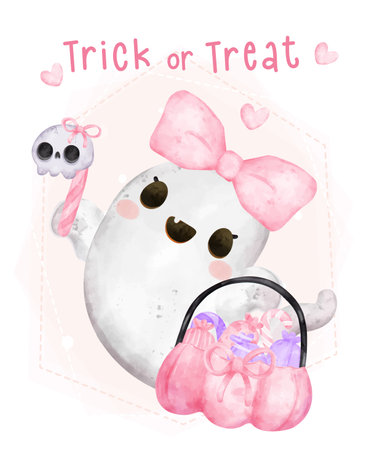 Cute happy kawaii ghost pink halloween, Trick or treat, cartoon character watercolour hand painted vectorの写真素材