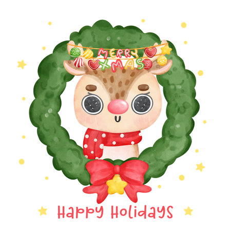 Cute adorable Christmas reindeer animal in Green festive wreath, Happy Holiday, cartoon animal character watercolour hand drawing vector illustrationのイラスト素材