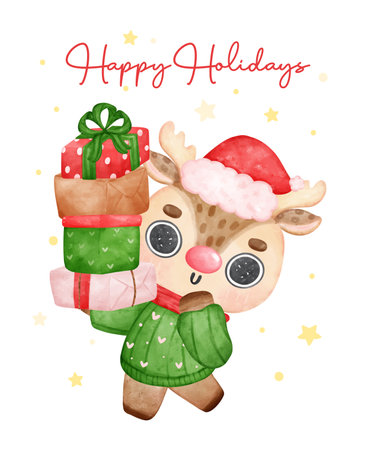 Cute joyful Christmas reindeer animal carry stack of wrapped presents, Happy Holiday, cartoon animal character watercolour hand drawing vector illustrationのイラスト素材