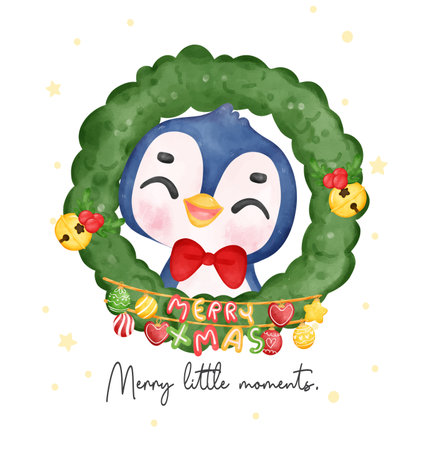Joyful Penguin Celebrating Christmas in a Festive Wreath, Merry Christmas little moment, Watercolor Cartoon. Exciting Smiles and Cheerful Holiday Vibes. Perfect for Cards, Invitations, and Decorations.のイラスト素材