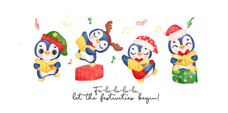 Group of Charming Christmas caroler Penguins Singing Festive Songs, Delightful Watercolor Cartoon for Kids. Perfect for Cards, Invitations, and Decorations.の写真素材