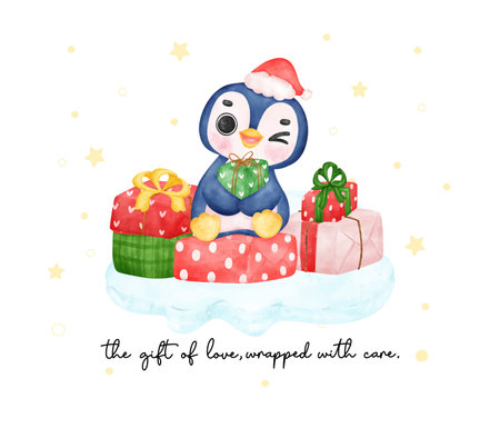 Adorable happy baby penguin sits on a stack of wrapped present boxes, bringing joy and festive cheer. Perfect for Christmas cards and decorationsのイラスト素材
