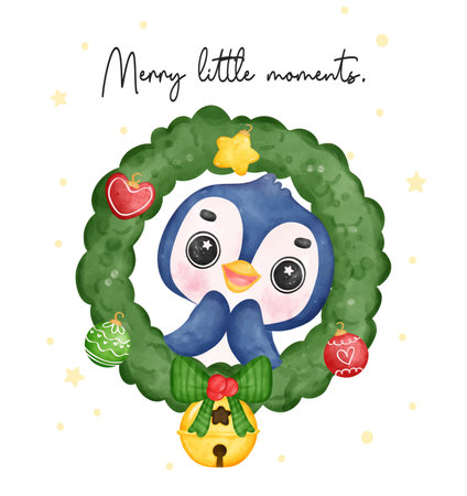 Exciting joyful Penguin Celebrating Christmas in a Festive Wreath, Merry Christmas little moment, Watercolor Cartoon. Exciting Smiles and Cheerful Holiday Vibes. Perfect for Cards, Invitations, and Decorations.のイラスト素材