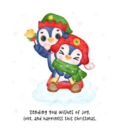 Celebrate the joy of Christmas with this whimsical watercolor artwork. A happy penguin and its friend, wearing Santa and elf hats, bring festive cheer to your designs. Add a touch of merriment and delight to your holiday-themed projectsのイラスト素材