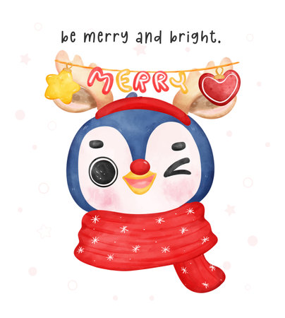 The festive spirit with this adorable watercolor illustration. A close-up of a happy penguin wearing reindeer antlers, adorned with ornaments, brings joy and cheer. Add a touch of whimsy to your designs with this cute artwork.のイラスト素材