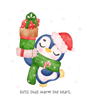 Capture the joy of the season with this adorable watercolor illustration. A cute baby penguin carrying a stack of wrapped present boxes brings festive cheer to your holiday projects. Discover the perfect blend of cuteness and warmth.のイラスト素材