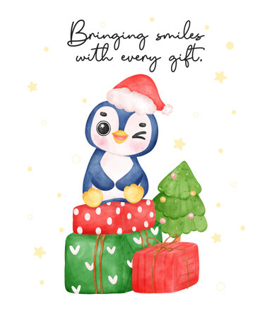Adorable baby penguin sits on a stack of wrapped present boxes, bringing joy and festive cheer. Perfect for Christmas cards and decorationsの写真素材