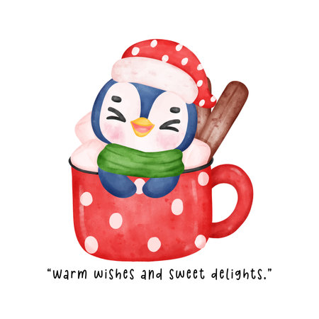 Discover the cuteness of a happy penguin in a Santa hat, savoring a chocolate cup with marshmallows. A whimsical watercolour illustration that radiates joy and festive charm.のイラスト素材