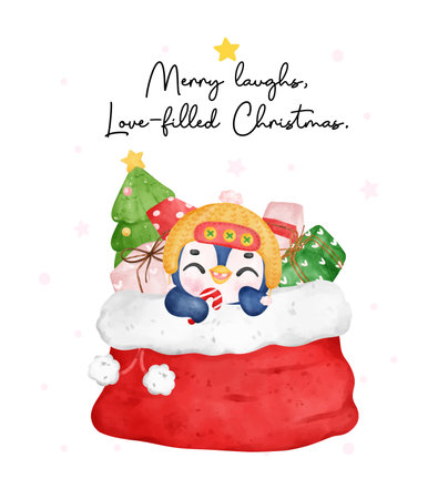 Capture the joyful spirit of the holidays with this cute and funny Christmas penguin. Delightfully packaged in a big Santa sack, this whimsical watercolor illustration is perfect for greeting cards and festive decorations.のイラスト素材