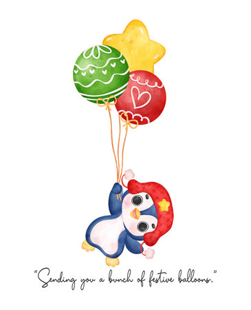 a cute penguin floats in the sky, holding a bunch of festive Christmas balloons. This whimsical watercolor illustration captures the playful and cheerful spirit.のイラスト素材
