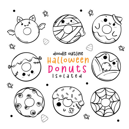Cute and festive sweet donuts costume doodle set with transparent vector illustrations bring a playful twist to your holiday celebration. Perfect for kids' designs, party decorations, and sweet-themed projectsのイラスト素材