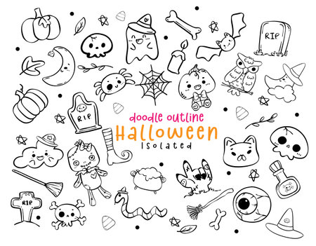 Festive outline doodles Halloween elements hand drawing idea for autumn decor with cute characters , ghosts, witches, pumpkins.のイラスト素材