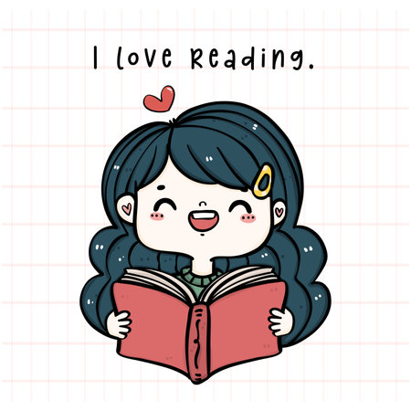 A wormbook girl reading book with happy smile young girl with dark long hair, enjoys her hobby of reading. This is a cartoon hand drawing doodle with a simple and bright style.のイラスト素材