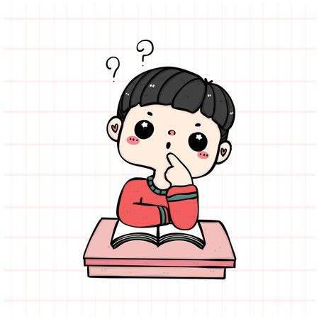 A cute student boy experiencing thinking and corious in classroom, colorful and playful doodle cartoon character illustration hand drawing. Perfect for educational projects and creative designs.のイラスト素材
