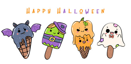 Cute and spooky Halloween Ice cream doodle vibrant colourful and creative fun. Capture the festive spirit with autumn delights, pumpkins, treats, and tricks. Perfect for kids.のイラスト素材