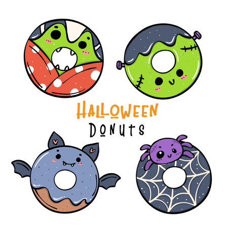 Cute and whimsical donut vibrant colorful doodle. Adorned with playful treats and sweet candy delights for adding a touch of spooky charm to your creative projects.のイラスト素材