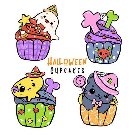 Cute and spooky Halloween cupcake doodle vibrant colourful and creative fun. Capture the festive spirit with autumn delights, pumpkins, treats, and tricks. Perfect for kids.のイラスト素材