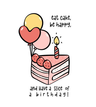 Hand drawn sweet Pink Birthday Cake slice with candle Doodle, Celebrate party with cute minimal cake illustration perfect for greeting cards.のイラスト素材