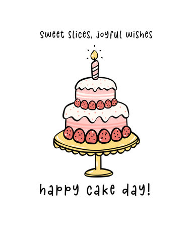 Hand drawn sweet Pink Birthday strawberry 3 layers Cake with a candle Doodle, Celebrate party with cute minimal cake illustration perfect for greeting cards.のイラスト素材