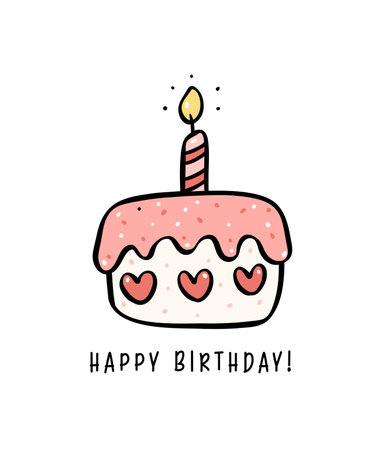 Hand drawn sweet Pink Birthday Cake with a candle Doodle, Celebrate party with cute minimal cake illustration perfect for greeting cards.のイラスト素材