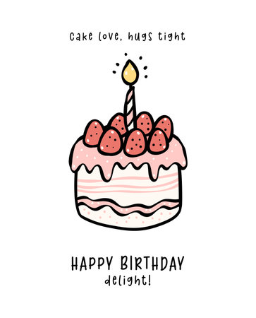 Hand drawn sweet Pink Birthday strawberry Cake with candle Doodle, Celebrate party with cute minimal cake illustration perfect for greeting cards.のイラスト素材