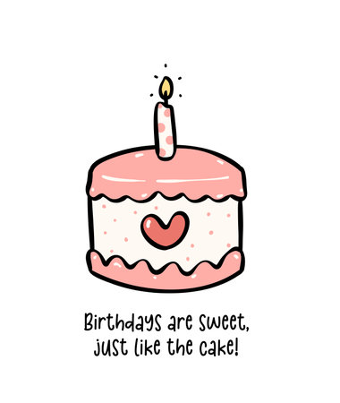 Sweet Pink Birthday Cake with candle minimal Doodle, Celebrate party with cute cake illustration perfect for greeting cards.のイラスト素材