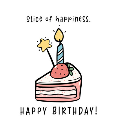Cute Pink Birthday Cake slice with candles minimal Doodle, Celebrate party with cute cake illustration hand drawing perfect for greeting cards.のイラスト素材