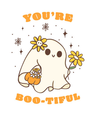 Cute Halloween ghost with daisy flower, kawaii Retro floral spooky ghost with pumkin, you are boo tiful, cartoon doodle outline drawing illustration idea for greeting card, t shirt design and crafts.のイラスト素材