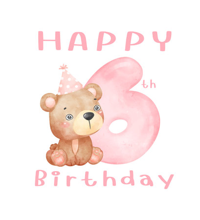 A cute sixth Birthday teddy bear wearing a party hat with pink number 6, Adorable innocence animal watercolor illustration Perfect for birthdays, nursery, greeting card.のイラスト素材