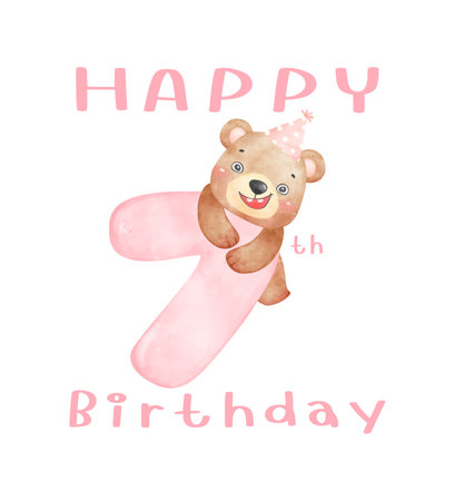 A cute seventh Birthday teddy bear wearing a party hat with pink number 7, Adorable innocence animal watercolor illustration Perfect for birthdays, nursery, greeting card.のイラスト素材