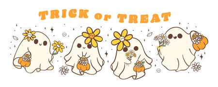 Group of cute Halloween ghosts with daisy flower, kawaii Retro floral spooky banner, Trick or Treat, cartoon doodle outline drawing illustration idea for greeting card, t shirt design and crafts.のイラスト素材