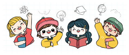 Diverse students expressing various emotions and immaginations. This vibrant back-to-school image captures the joy and enthusiasm of young learners. Perfect for educational and creative projects.のイラスト素材