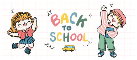 Cute doodle students, colorful books, and playful illustrations to bring smiles to young learners. Perfect for educational materials and cheerful classroom decor.のイラスト素材