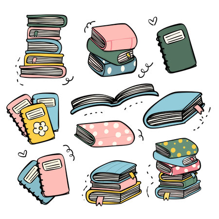 Adorable doodle art stack of colorful books, perfect for back-to-school projects and educational materials. Ideal for students, teachers.のイラスト素材