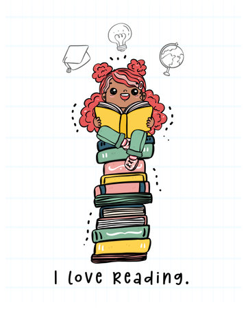 Cheerful student on a stack of books, immersed in the joy of reading. A playful hand-drawn banner captures the essence of back to school excitementのイラスト素材