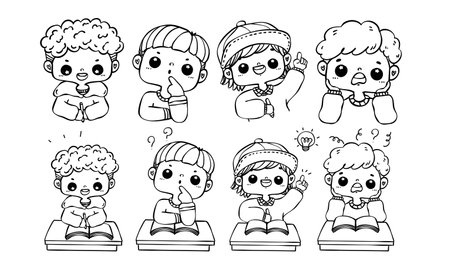 A diverse group of students in various emotional states engaged in a study session cartoon doodle outline hand drawing. Perfect for educational projects, presentationsのイラスト素材