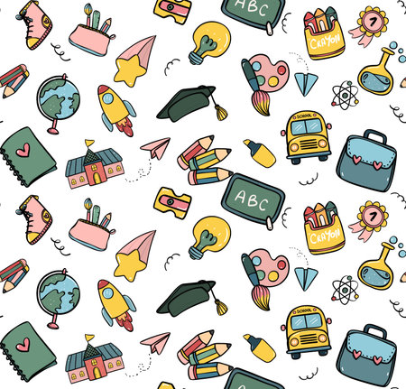 seamless pattern background featuring a cute and artistic doodle art collection. Perfect for back-to-school designs, Ideal for educational projects and creative concepts.のイラスト素材