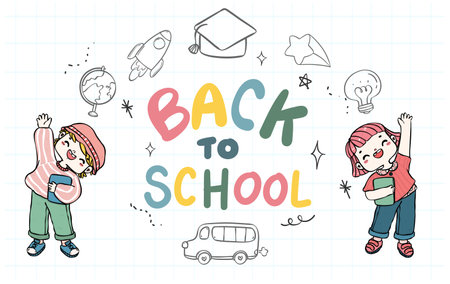 Cute doodle students, colorful books, and playful illustrations to bring smiles to young learners. Perfect for educational materials and cheerful classroom decor.のイラスト素材