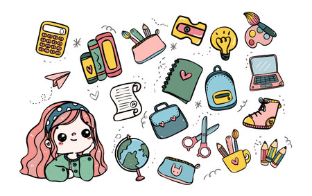 Cute doodle student girl with school supplies in this vibrant back to school image. Perfect for capturing the essence of elementary school joy.のイラスト素材