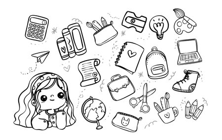 cute and cheerful kawaii schoolgirl dreaming of school supplies in this delightful hand drawn doodle illustration. Perfect for back to school themes and childhood nostalgia.のイラスト素材