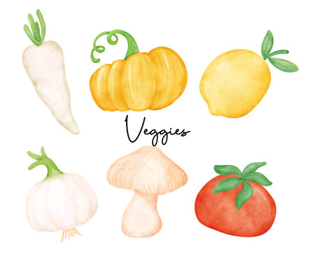 A delightful collection of watercolor vegetable illustrations featuring onion, tomato, mushroom, and more. Perfect for adding a touch of culinary artistry to your projects.のイラスト素材